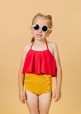 Ribbed Golden | Mini Down in Front Ruffle Bottoms cute girls swimsuits, stylish swimwear for girls