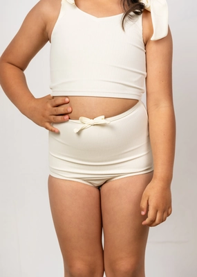Ribbed Ivory | Mini Bow Bottoms cute girls swimsuits, stylish swimwear for girls