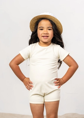 Ribbed Ivory | Mini Shorties Rashguard (Unisex) boys summer swimwear, boys rash guard swim sets