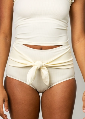 Ribbed Ivory | Tie-Up-Front Bottoms elastic waistband swim bottoms, mix-and-match bikini bottoms