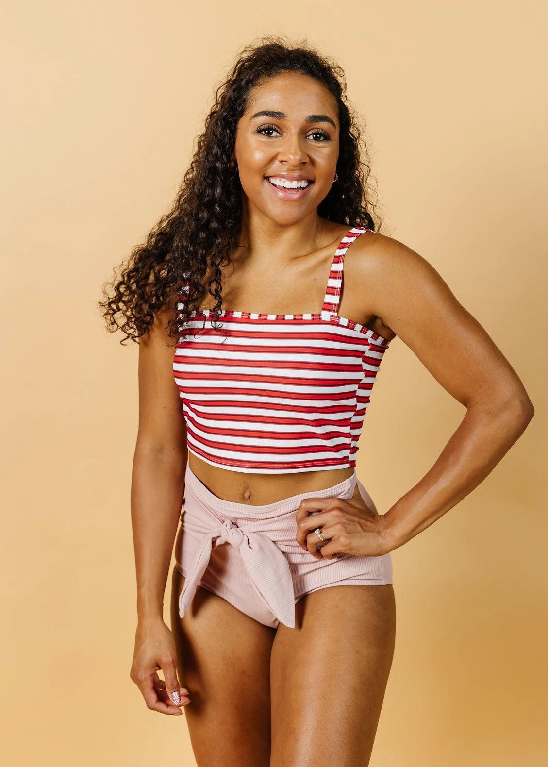 Ribbed Light Mauve | Tie-Up-Front Bottoms elastic waistband swim bottoms, mix-and-match bikini bottoms