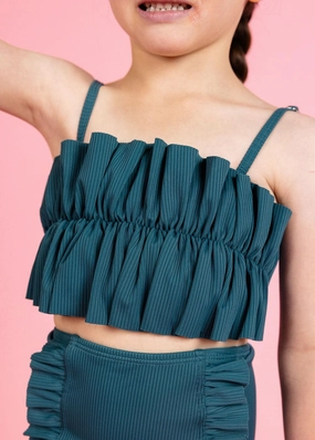 Ribbed Midnight Teal | Mini Oversized Ruffle Top cute girls swimsuits, stylish swimwear for girls