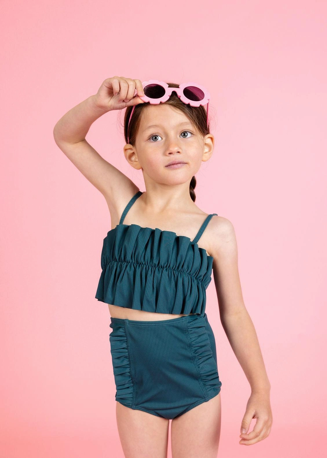 Ribbed Midnight Teal | Mini Oversized Ruffle Top