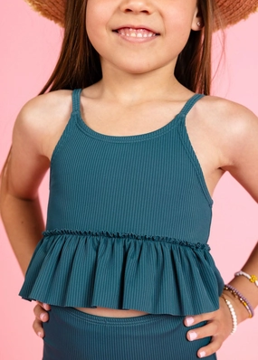 Ribbed Midnight Teal | Mini Peplum Top cute girls swimsuits, stylish swimwear for girls