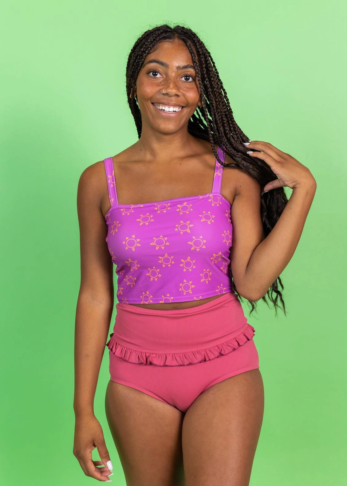 Ribbed Roseate | Mid-Ruffle Bottoms elastic waistband swim bottoms, mix-and-match bikini bottoms