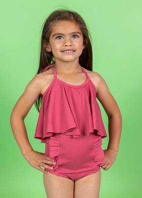 Ribbed Roseate | Mini Down in Front Ruffle Bottoms cute girls swimsuits, stylish swimwear for girls