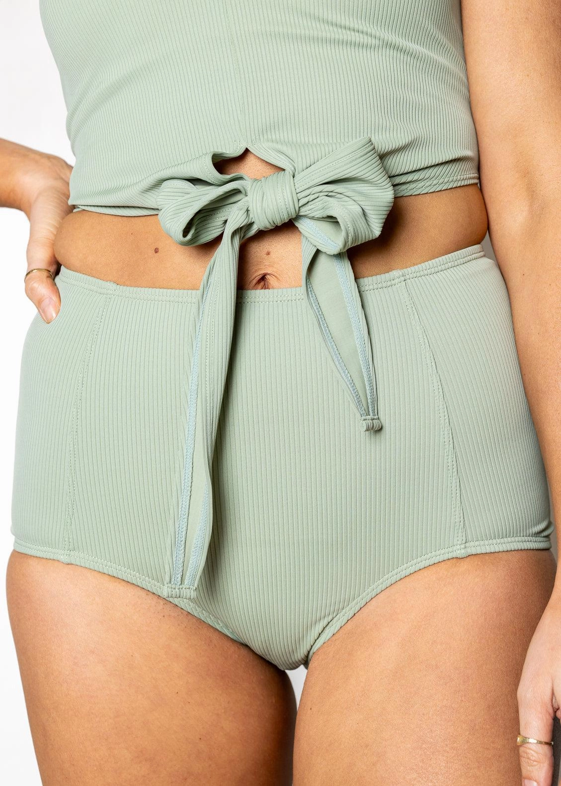 Ribbed Sage | High-Waisted Bottoms elastic waistband swim bottoms, mix-and-match bikini bottoms