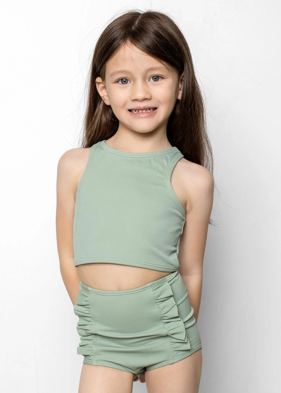 Ribbed Sage | Mini Down in Front Ruffle Bottoms cute girls swimsuits, stylish swimwear for girls