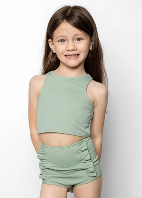Ribbed Sage | Mini Down in Front Ruffle Bottoms cute girls swimsuits, stylish swimwear for girls
