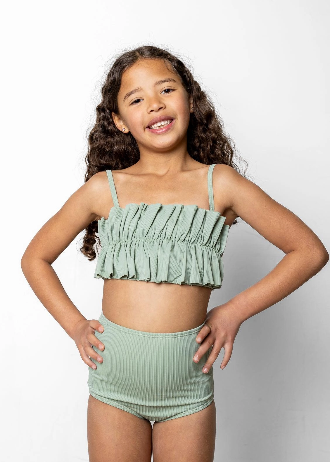 Ribbed Sage | Mini Oversized Ruffle Top cute girls swimsuits, stylish swimwear for girls