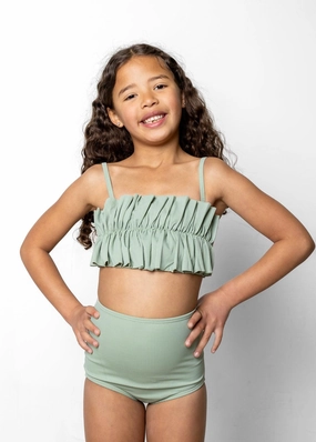 Ribbed Sage | Mini Oversized Ruffle Top cute girls swimsuits, stylish swimwear for girls