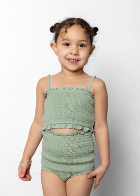 Ribbed Sage | Mini Smocked Bottoms cute girls swimsuits, stylish swimwear for girls