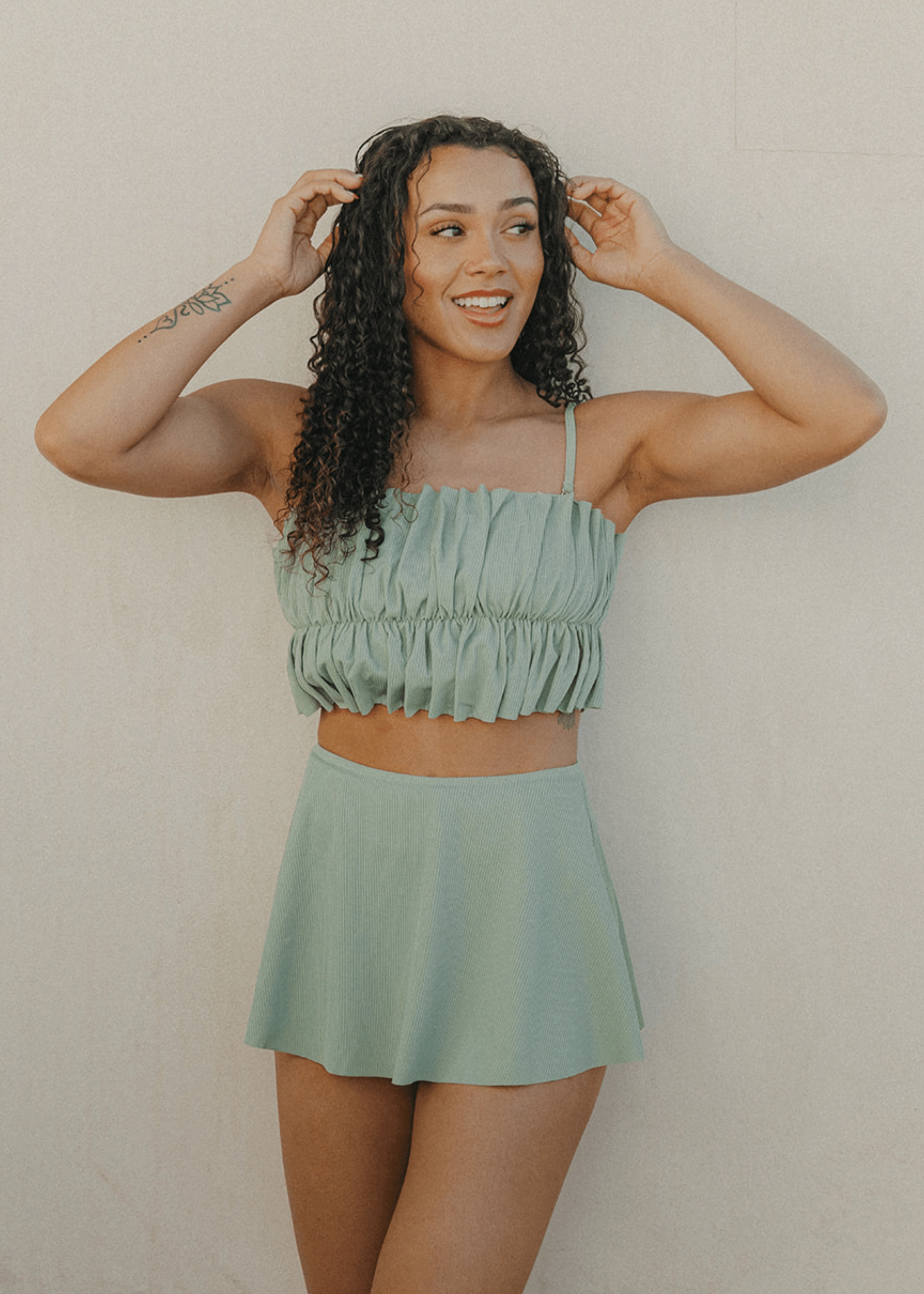 Ribbed Sage | Oversized Ruffle Top