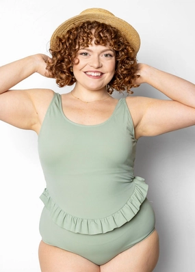 Ribbed Sage | Skirted One-Piece elastic waistband swim bottoms, mix-and-match bikini bottoms