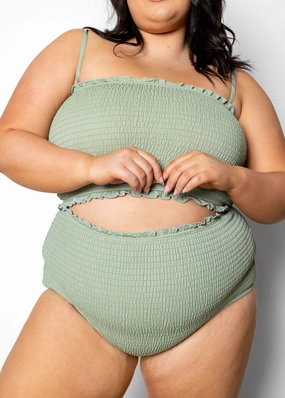 Ribbed Sage | Smocked Bottoms elastic waistband swim bottoms, mix-and-match bikini bottoms