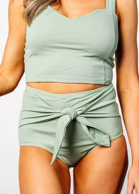 Ribbed Sage | Tie-Up-Front Bottoms elastic waistband swim bottoms, mix-and-match bikini bottoms