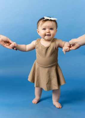 Ribbed Sand Brown | Baby Skirted One-Piece cute girls swimsuits, stylish swimwear for girls