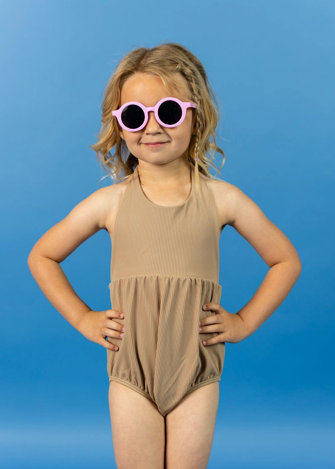 Ribbed Sand Brown | Mini Romper One-Piece cute girls swimsuits, stylish swimwear for girls