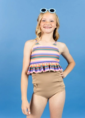 Ribbed Sand Brown | Youth Down in Front Ruffle Bottoms cute girls swimsuits, stylish swimwear for girls