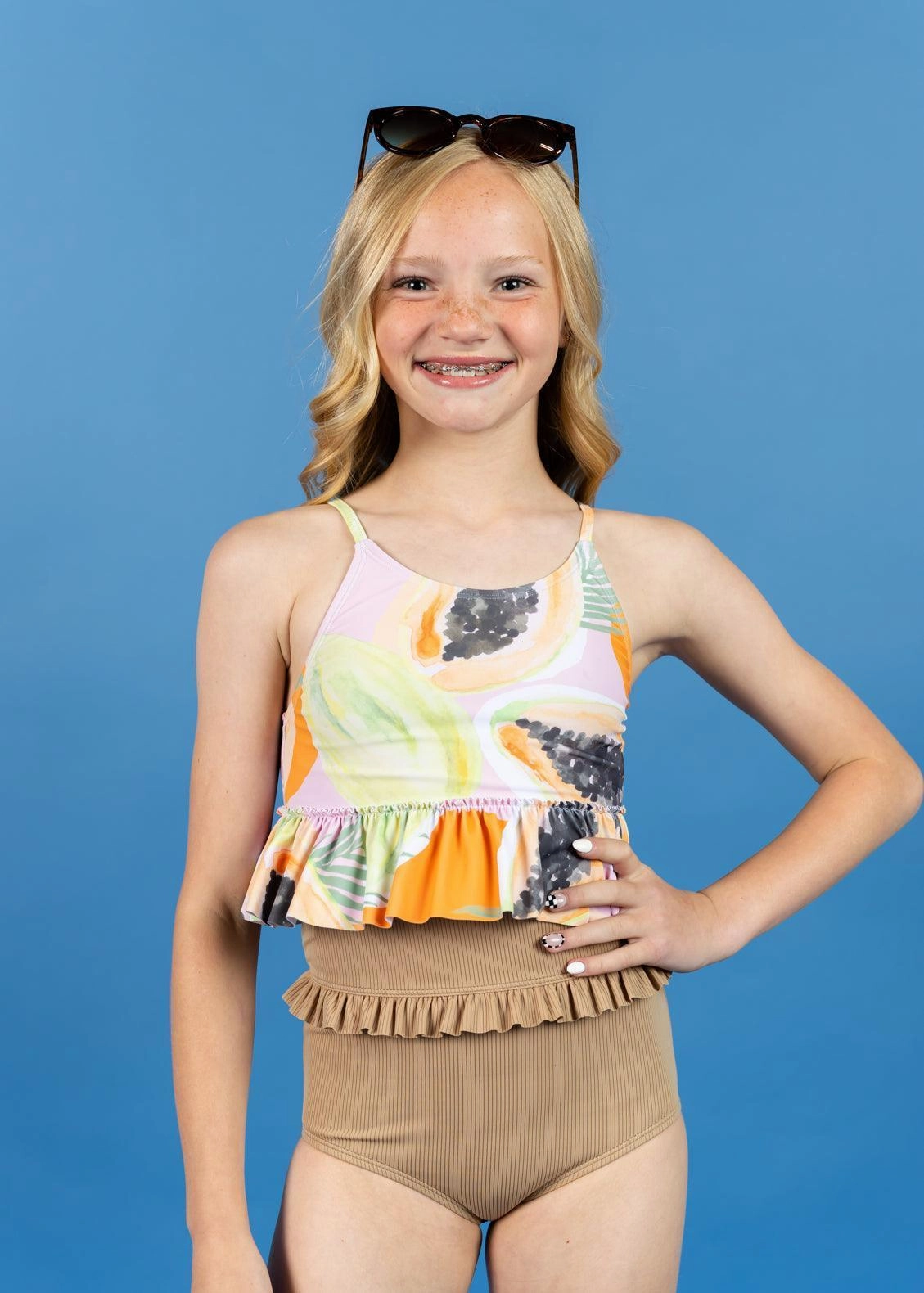 Ribbed Sand Brown | Youth Mid-Ruffle Bottoms cute girls swimsuits, stylish swimwear for girls
