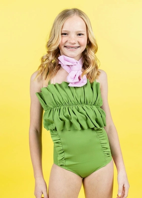 Ribbed Spring Green | Youth Down in Front Ruffle Bottoms toddler girl swimwear, summer swimwear for girls
