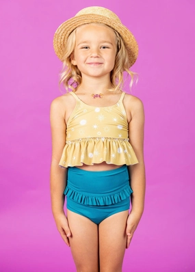 Ribbed Tide Pool Blue | Mini Mid-Ruffle Bottoms toddler girl swimwear, summer swimwear for girls