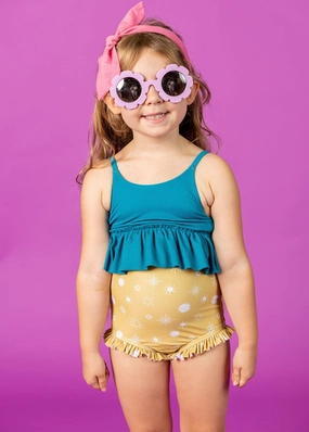 Ribbed Tide Pool Blue | Mini Peplum Top toddler girl swimwear, summer swimwear for girls
