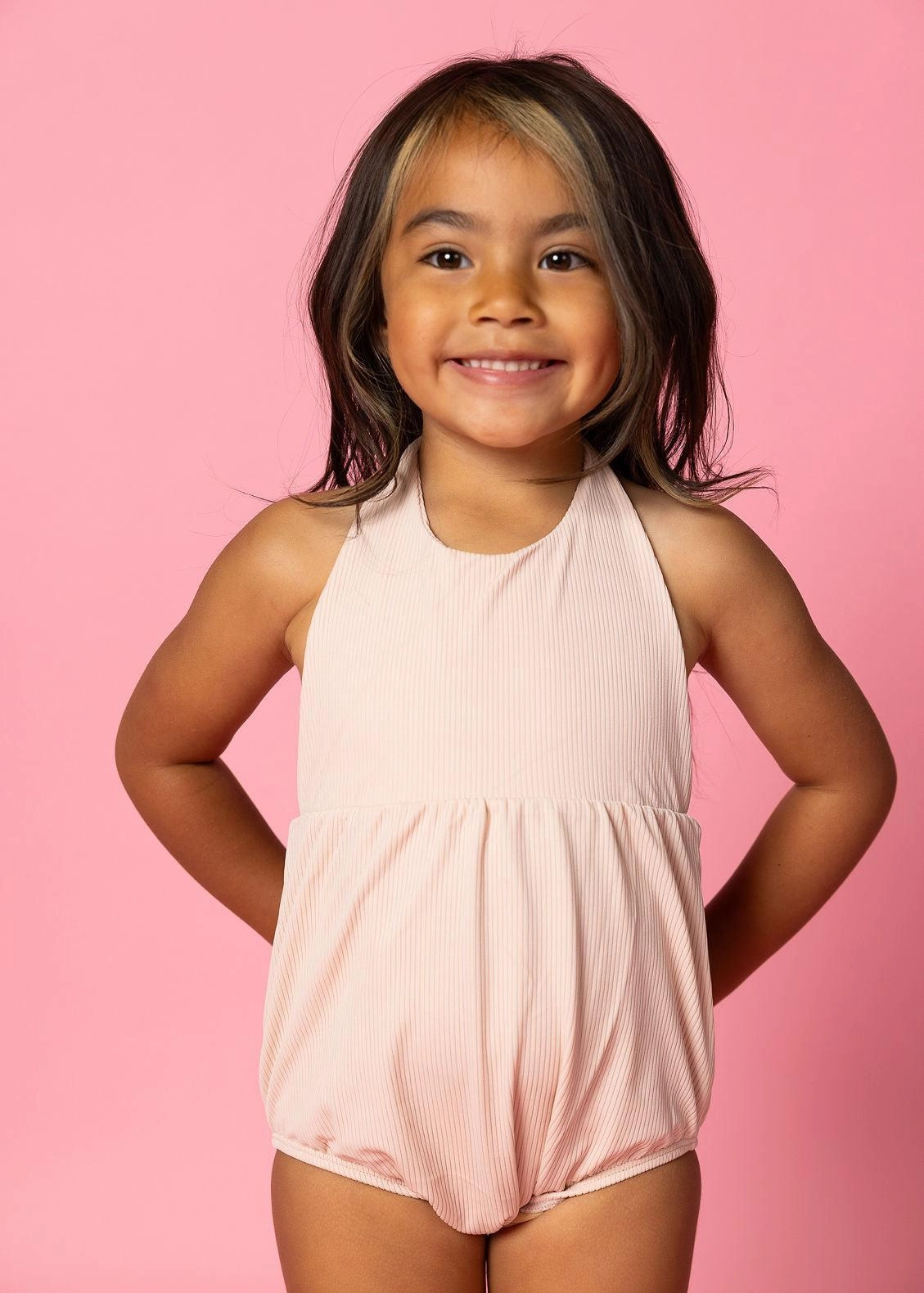Ribbed Whipped Peach | Mini Romper One-Piece toddler girl swimwear, summer swimwear for girls
