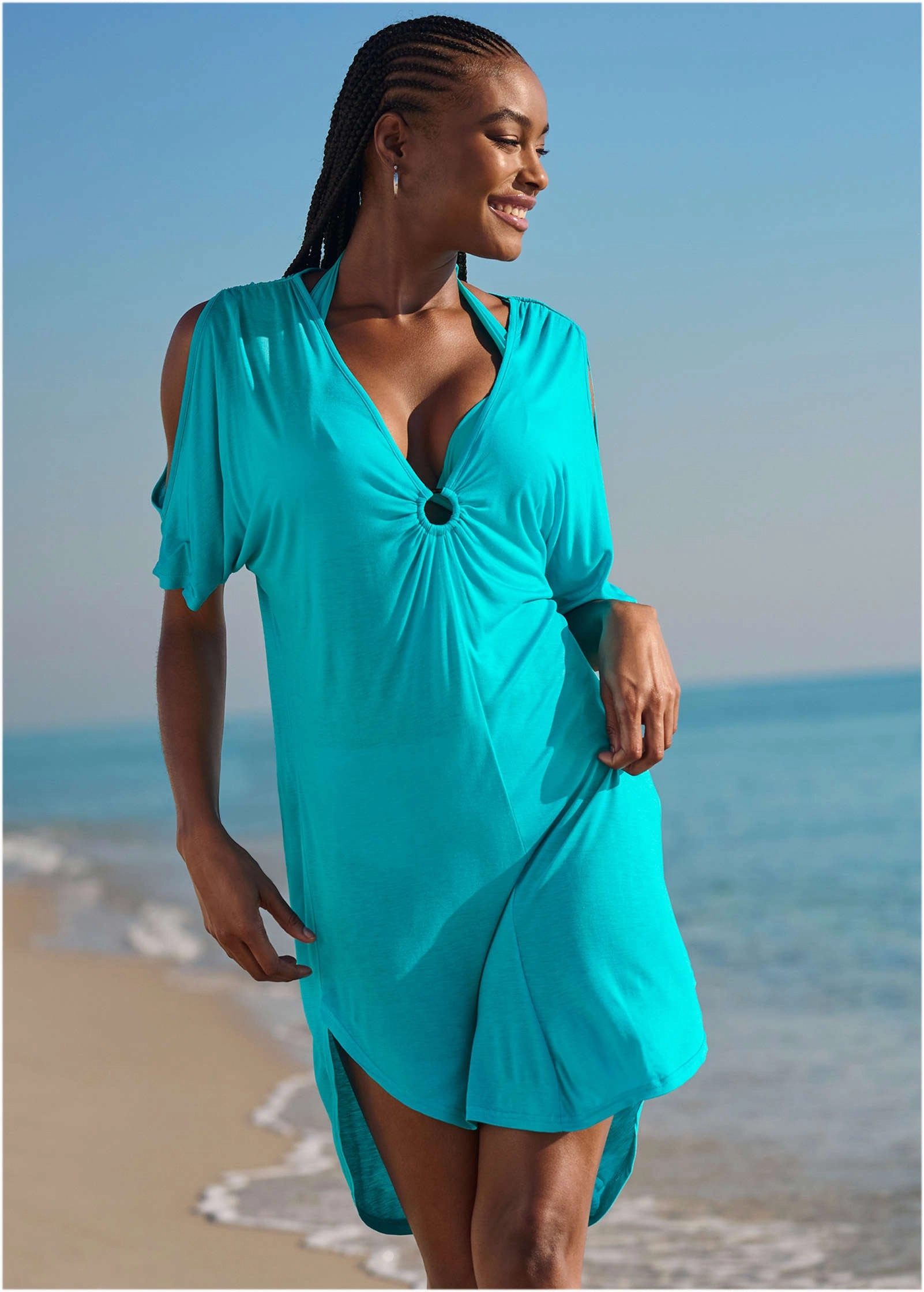 Ring Front Dolman Cover-Up - Aqua Reef swimwear for all body types, comfortable womens beachwear