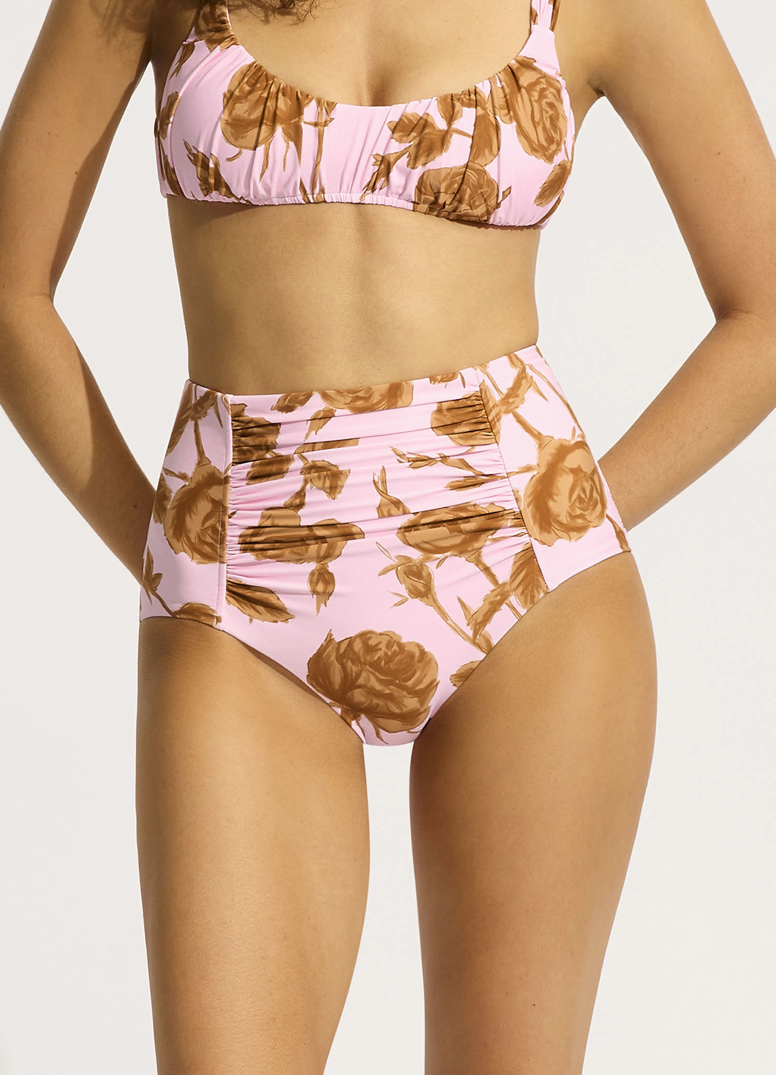 Rococo Ruched Front High Waisted Bikini Bottom - Blossom