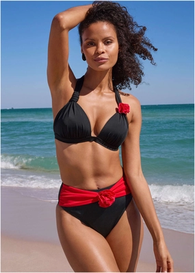 Rosette Goddess Push-Up Halter Top - Black & Red bandeau bikini tops, triangle swim tops