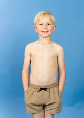 Sand Brown | Mini Retro Shorties boys summer swimwear, boys rash guard swim sets