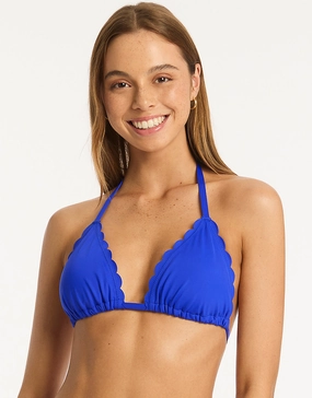 Scallop Halter Slide Tri Bikini Top - Cobalt full coverage swim tops, cute bikini tops