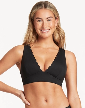 Scallop Longline Tri Bikini Top - Black full coverage swim tops, cute bikini tops