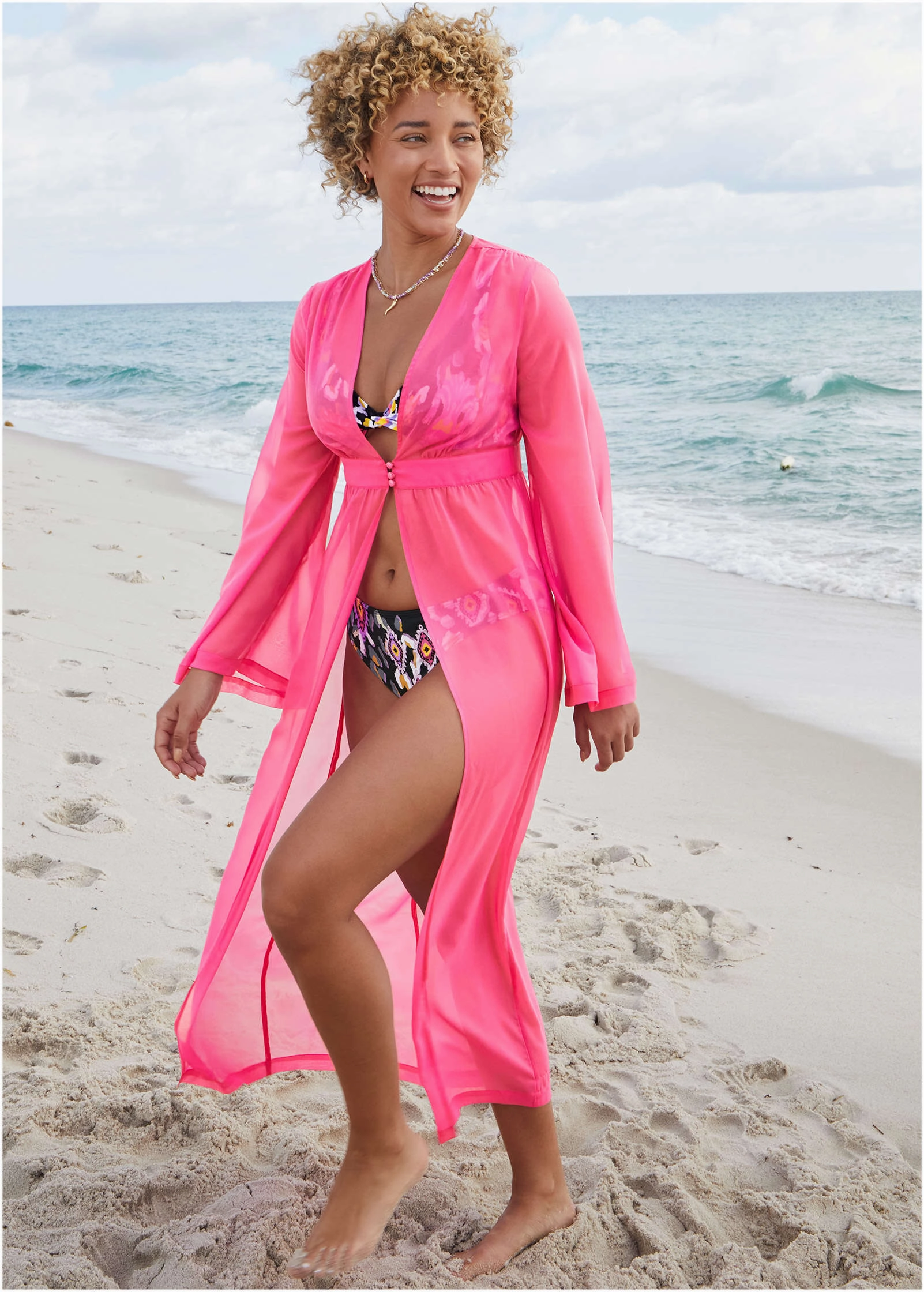 Sea Breeze Kimono Cover-Up - Fuchsia plain swimwear women, minimalist swimsuits