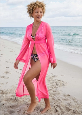 Sea Breeze Kimono Cover-Up - Fuchsia plain swimwear women, minimalist swimsuits