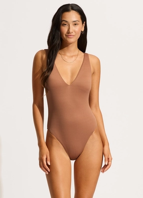 Sea Dive Deep V Neck One Piece - Bronze slimming one piece swimsuits, fashionable one piece suits