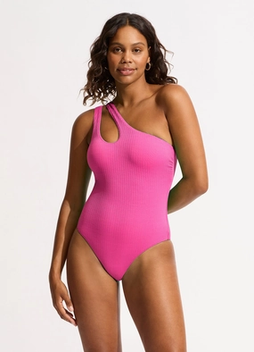 Sea Dive One Shoulder Keyhole One Piece - Fuchsia Rose slimming one piece swimsuits, fashionable one piece suits