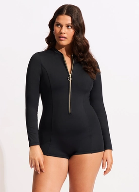 Seafolly Collective Boyleg Zip Front Surfsuit - Black slimming one piece swimsuits, fashionable one piece suits