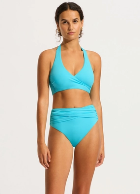 Seafolly Collective DD Wrap Front Halter Bikini Top - Atoll Blue modern womens swimwear, one piece swimsuits women