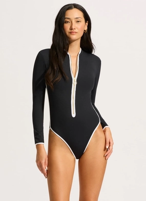 Seafolly Collective Long Sleeve Zip Front One Piece - Black slimming one piece swimsuits, fashionable one piece suits