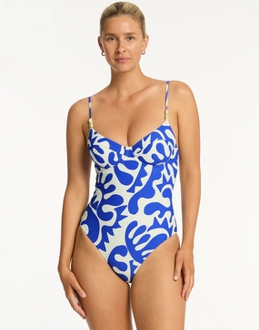 Seascape Balconette Swimsuit - Blue womens resort swimwear, flattering one-piece swimsuits