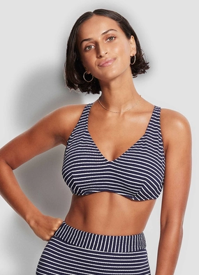 Seaside Stripe F Cup Halter Bra - True Navy affordable swimwear for women, chic swimsuits for women