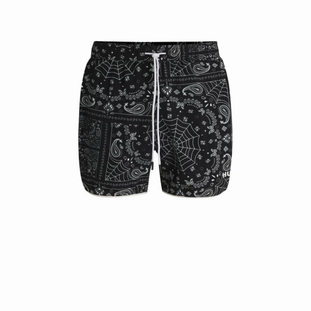 Seasonal-print swim shorts with round hem mens full coverage swimwear, stylish mens swim trunks