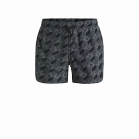 Seasonal-print swim shorts with round hem mens full coverage swimwear, stylish mens swim trunks