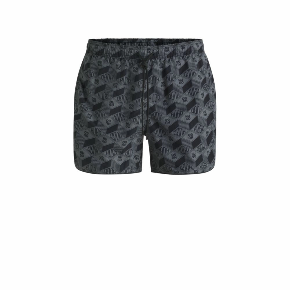 Seasonal-print swim shorts with round hem mens full coverage swimwear, stylish mens swim trunks
