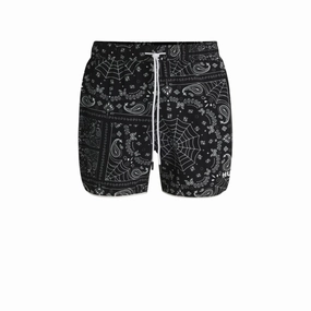 Seasonal-print swim shorts with round hem mens full coverage swimwear, stylish mens swim trunks