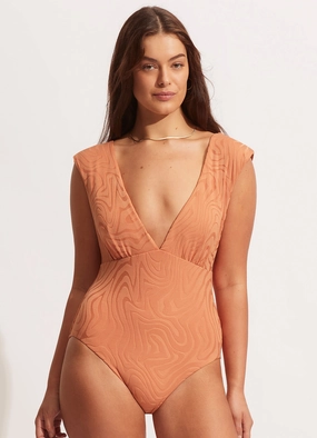 Second Wave V Neck One piece - Copper Tan slimming one piece swimsuits, fashionable one piece suits