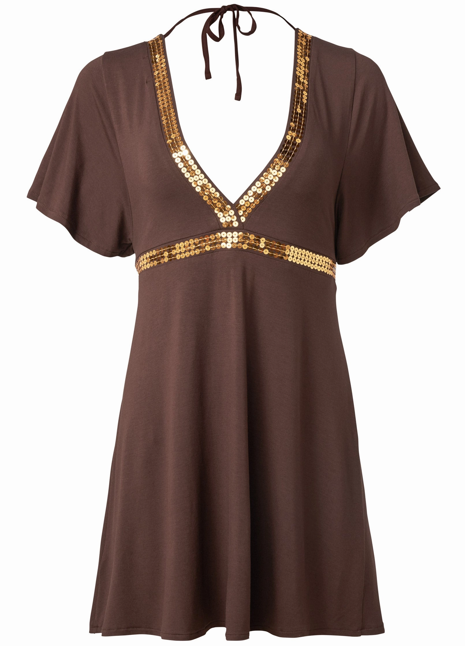 Sequin V-Neck Dress - Mocha