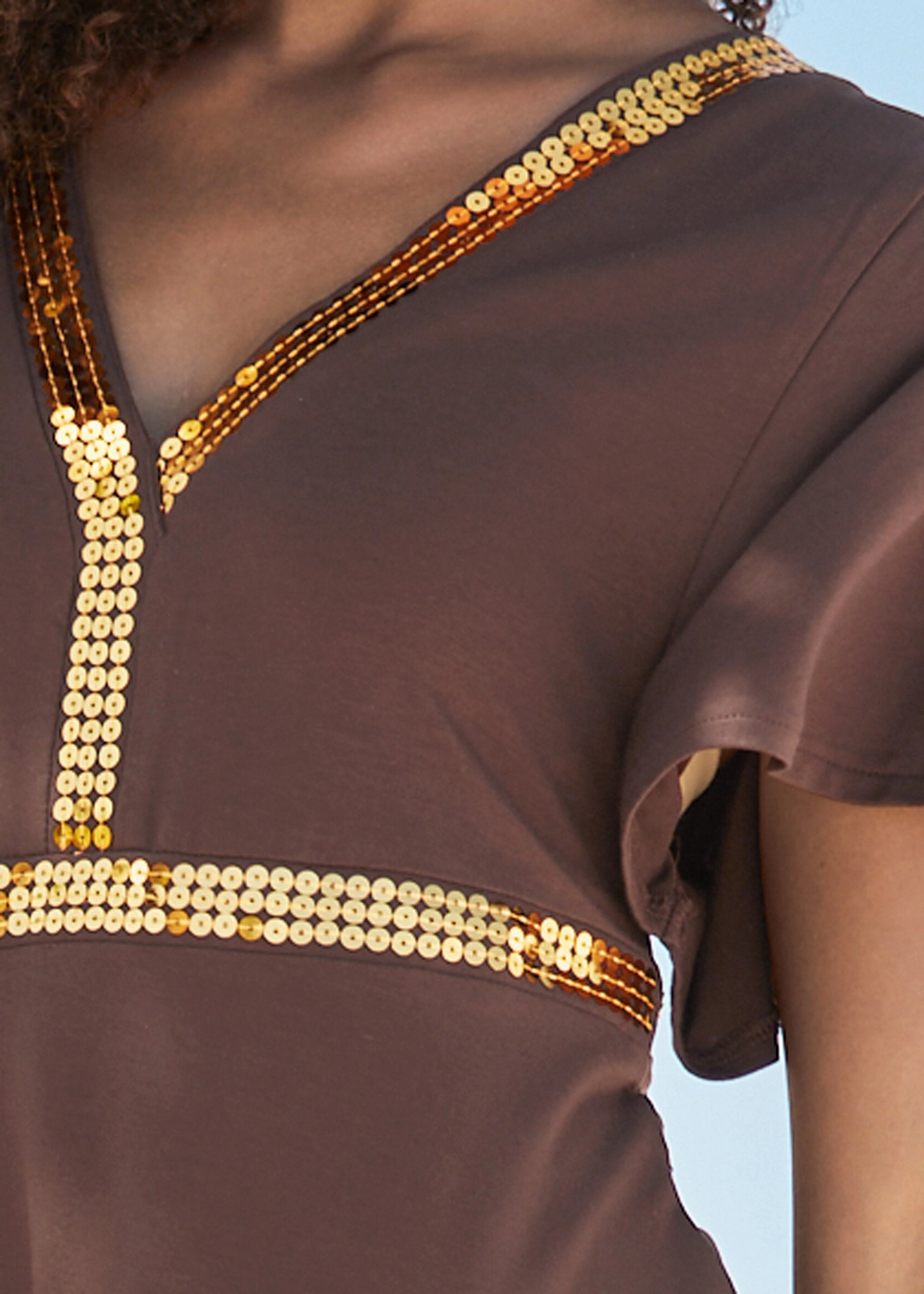 Sequin V-Neck Dress - Mocha
